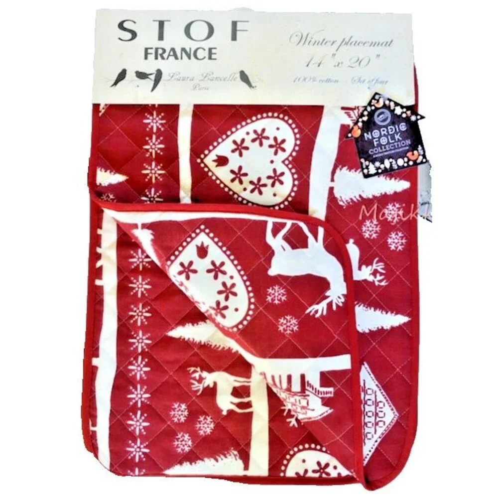 Stof France Christmas Placemats Quilted Winter Red Stag Hearts Scandi Set Of 4